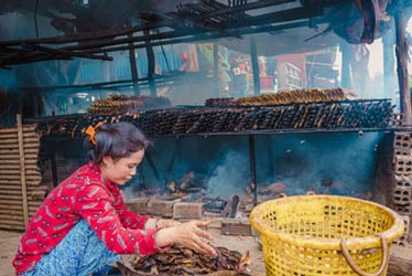 Une femme pêcheuse dans le village sur pilotis de Kampong Kleang